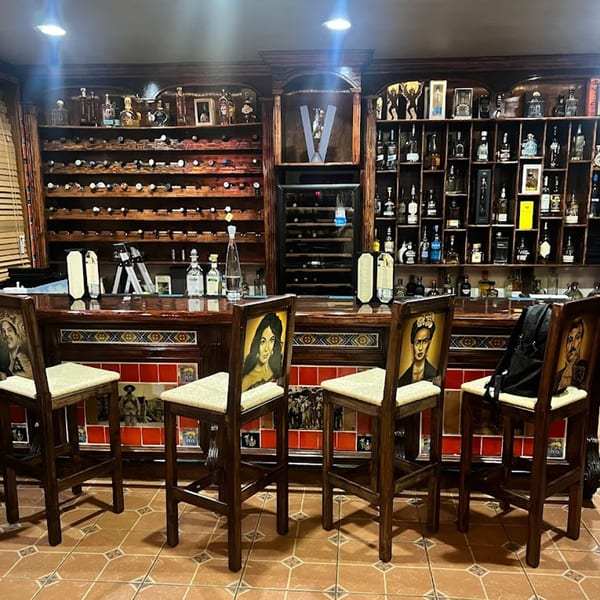 A well-stocked bar with numerous bottles, wine racks, and four bar stools with painted backs.
